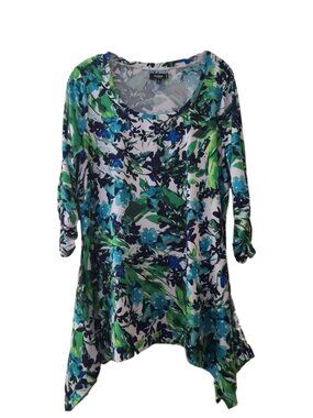 Premise Blue & Green Floral Asymetrical Hem Top Large OX